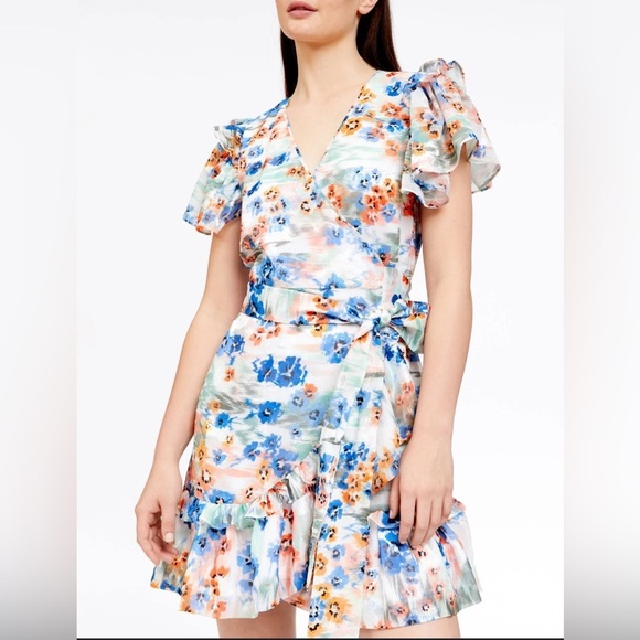 NWT Tanya Taylor Bailey Mini Wrap Dress Multicolor Floral Print Sz 0 - Picture 1 of 15